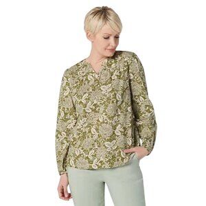 Naturals By Denim & Co. Green Floral Linen Blouse Size XXS Naturals Linen Top